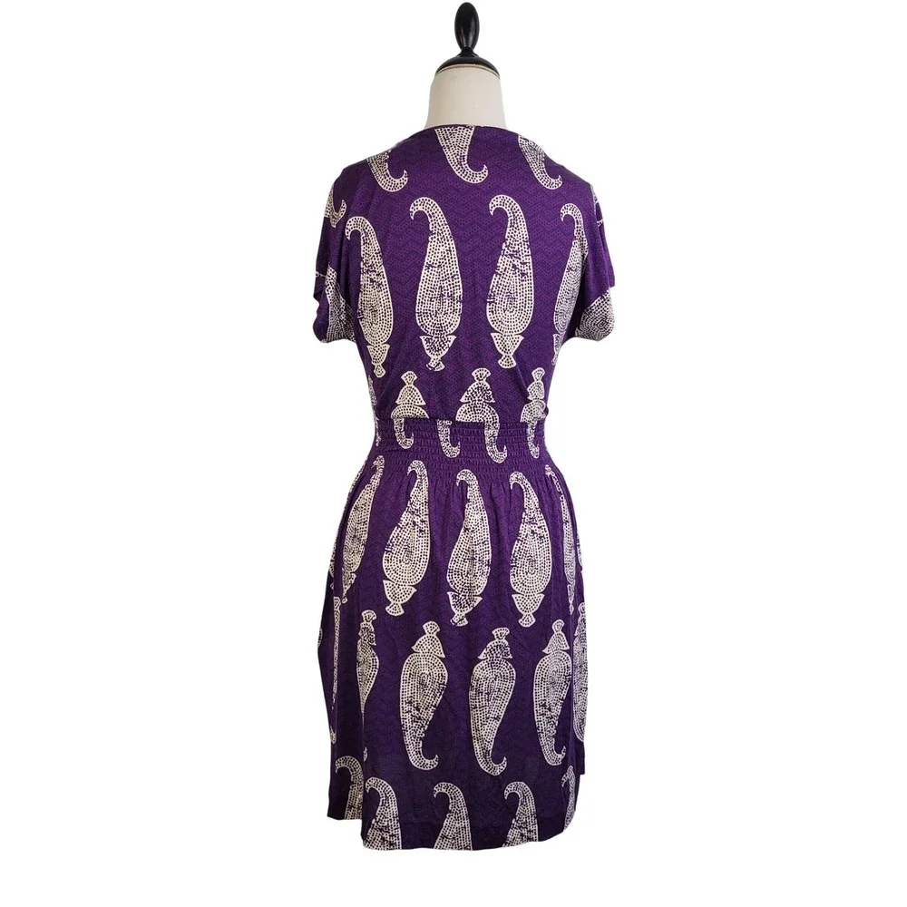Tory Burch Purple Silk Paisley Smocked Waist V-Neck Dress Size S‎ Garden Party
